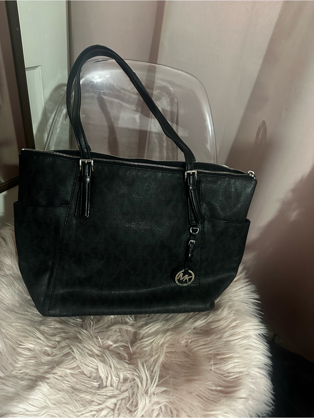 Michael Kors Black Logo-Print Tote with MK Charm